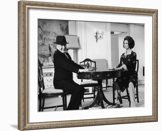 Charlie Chaplin Directing Actress Sophia Loren in Scene from Movie "A Countess from Hong Kong"-Alfred Eisenstaedt-Framed Premium Photographic Print