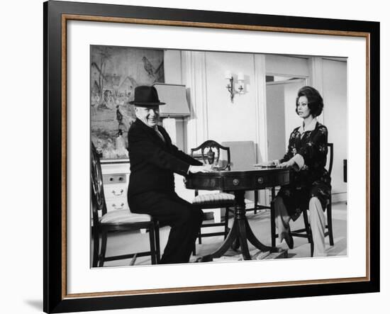 Charlie Chaplin Directing Actress Sophia Loren in Scene from Movie "A Countess from Hong Kong"-Alfred Eisenstaedt-Framed Premium Photographic Print