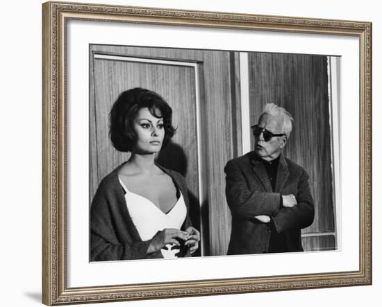 Charlie Chaplin Directing Actress Sophia Loren in Scene from Movie "A Countess from Hong Kong"-Alfred Eisenstaedt-Framed Premium Photographic Print