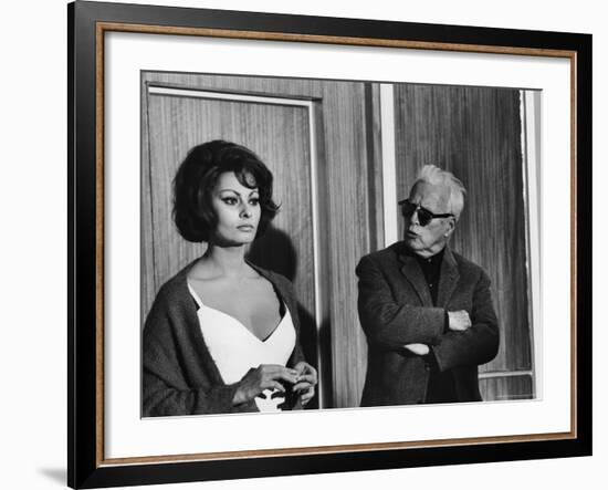 Charlie Chaplin Directing Actress Sophia Loren in Scene from Movie "A Countess from Hong Kong"-Alfred Eisenstaedt-Framed Premium Photographic Print