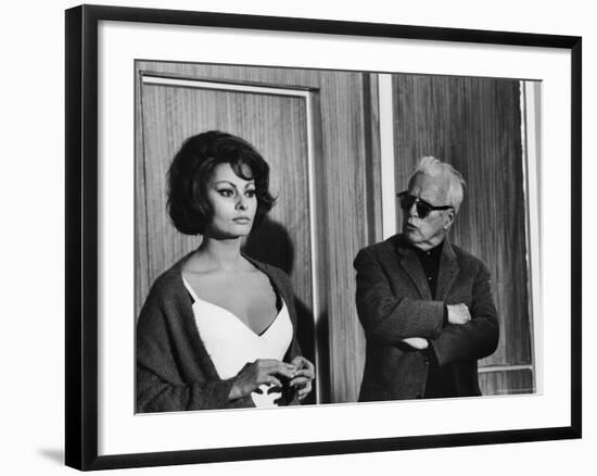 Charlie Chaplin Directing Actress Sophia Loren in Scene from Movie "A Countess from Hong Kong"-Alfred Eisenstaedt-Framed Premium Photographic Print