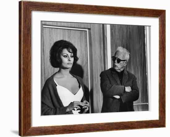 Charlie Chaplin Directing Actress Sophia Loren in Scene from Movie "A Countess from Hong Kong"-Alfred Eisenstaedt-Framed Premium Photographic Print