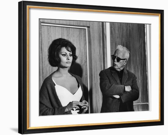 Charlie Chaplin Directing Actress Sophia Loren in Scene from Movie "A Countess from Hong Kong"-Alfred Eisenstaedt-Framed Premium Photographic Print