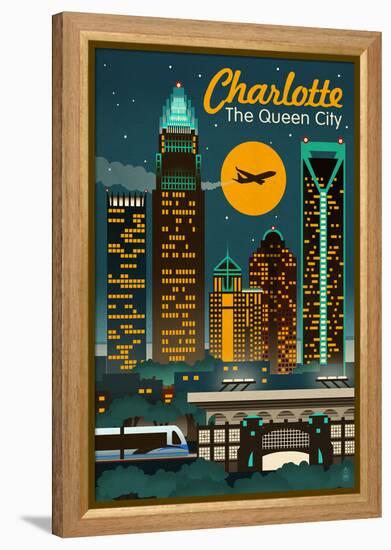 Charlotte, North Carolina - Retro Skyline-Lantern Press-Framed Stretched Canvas