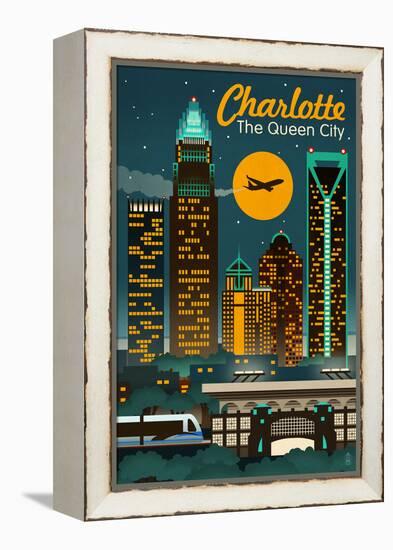 Charlotte, North Carolina - Retro Skyline-Lantern Press-Framed Stretched Canvas