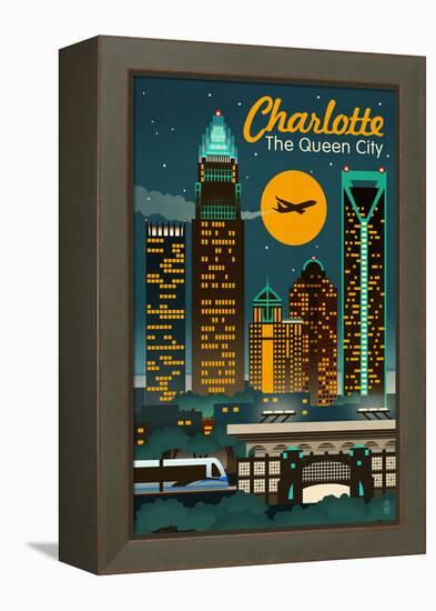 Charlotte, North Carolina - Retro Skyline-Lantern Press-Framed Stretched Canvas