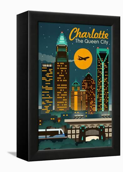 Charlotte, North Carolina - Retro Skyline-Lantern Press-Framed Stretched Canvas