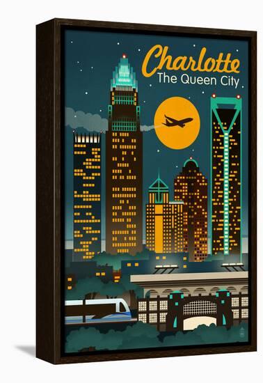 Charlotte, North Carolina - Retro Skyline-Lantern Press-Framed Stretched Canvas