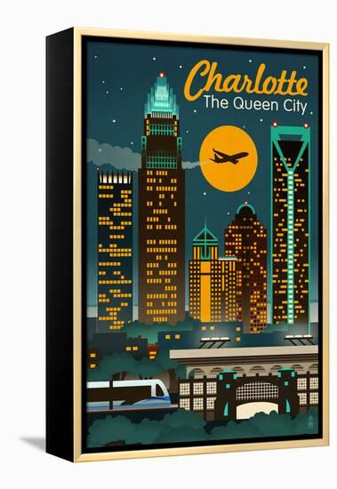 Charlotte, North Carolina - Retro Skyline-Lantern Press-Framed Stretched Canvas