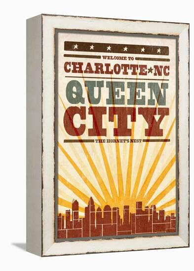 Charlotte, North Carolina - Skyline and Sunburst Screenprint Style-Lantern Press-Framed Stretched Canvas