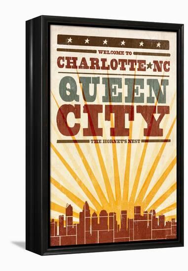 Charlotte, North Carolina - Skyline and Sunburst Screenprint Style-Lantern Press-Framed Stretched Canvas