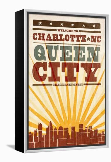 Charlotte, North Carolina - Skyline and Sunburst Screenprint Style-Lantern Press-Framed Stretched Canvas