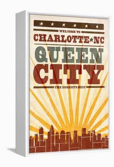 Charlotte, North Carolina - Skyline and Sunburst Screenprint Style-Lantern Press-Framed Stretched Canvas