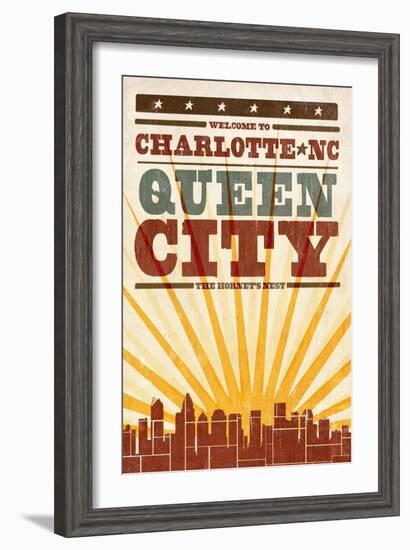 Charlotte, North Carolina - Skyline and Sunburst Screenprint Style-Lantern Press-Framed Art Print