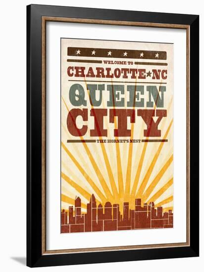 Charlotte, North Carolina - Skyline and Sunburst Screenprint Style-Lantern Press-Framed Art Print