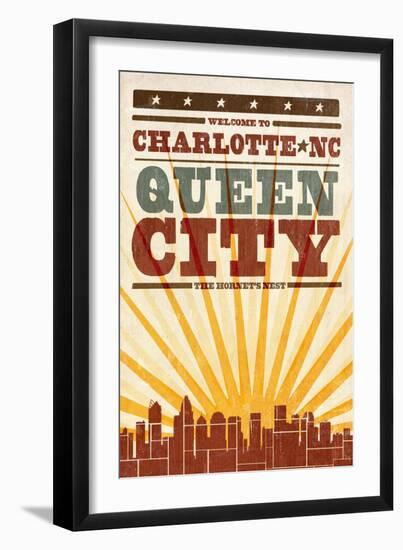 Charlotte, North Carolina - Skyline and Sunburst Screenprint Style-Lantern Press-Framed Art Print