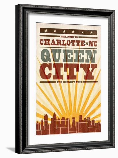 Charlotte, North Carolina - Skyline and Sunburst Screenprint Style-Lantern Press-Framed Art Print