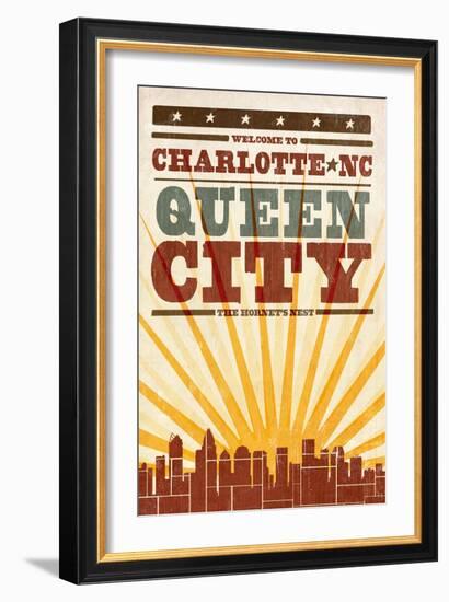 Charlotte, North Carolina - Skyline and Sunburst Screenprint Style-Lantern Press-Framed Art Print