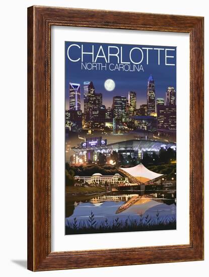 Charlotte, North Carolina - Skyline at Night-Lantern Press-Framed Art Print