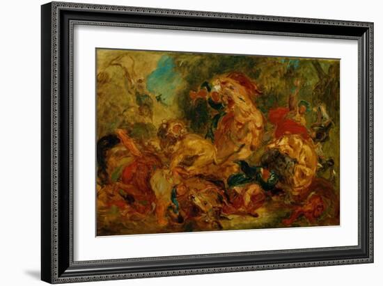 Chasse aux lions - Lion hunt. Canvas,86 x 115 cm R.F.1984-33.-Eugene Delacroix-Framed Giclee Print