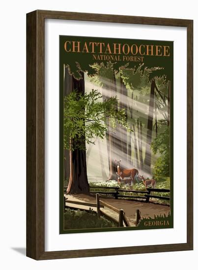 Chattahoochee National Forest, Georgia - Deer and Fawn-Lantern Press-Framed Premium Giclee Print
