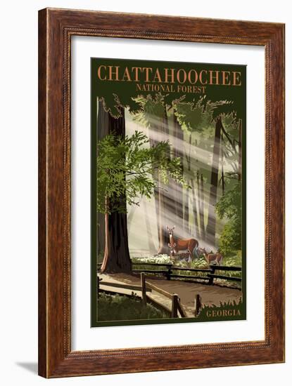 Chattahoochee National Forest, Georgia - Deer and Fawn-Lantern Press-Framed Premium Giclee Print