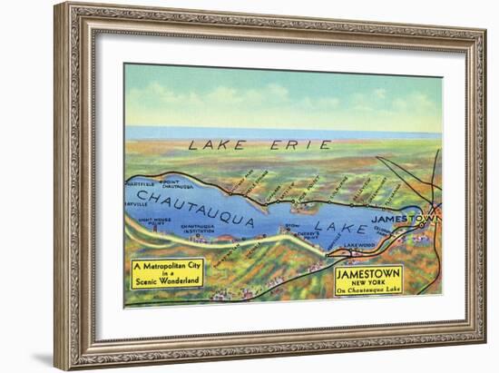 Chautauqua Lake, New York - Aerial Map of Lake and Surrounding Towns-Lantern Press-Framed Art Print