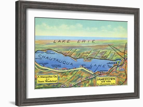 Chautauqua Lake, New York - Aerial Map of Lake and Surrounding Towns-Lantern Press-Framed Art Print