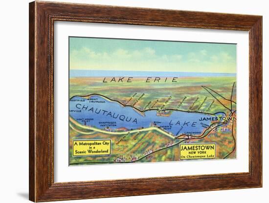 Chautauqua Lake, New York - Aerial Map of Lake and Surrounding Towns-Lantern Press-Framed Art Print