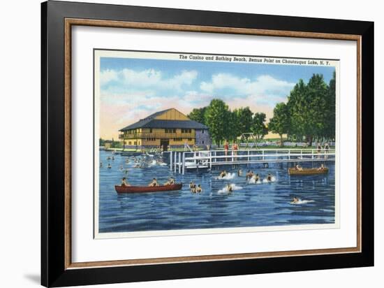 Chautauqua Lake, New York - Bemus Point, View of Casino and Beach-Lantern Press-Framed Art Print