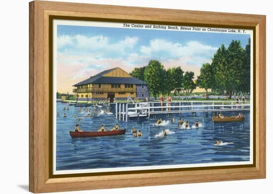 Chautauqua Lake, New York - Bemus Point, View of Casino and Beach-Lantern Press-Framed Stretched Canvas