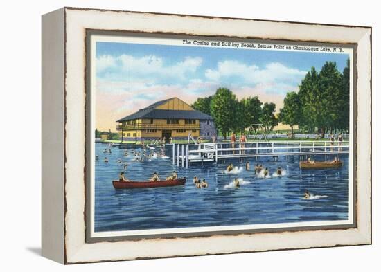 Chautauqua Lake, New York - Bemus Point, View of Casino and Beach-Lantern Press-Framed Stretched Canvas