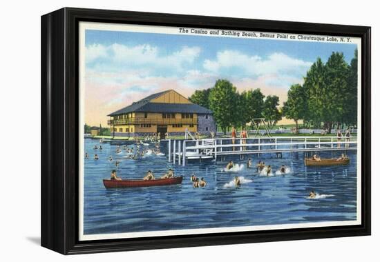 Chautauqua Lake, New York - Bemus Point, View of Casino and Beach-Lantern Press-Framed Stretched Canvas