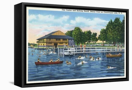Chautauqua Lake, New York - Bemus Point, View of Casino and Beach-Lantern Press-Framed Stretched Canvas