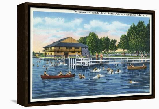 Chautauqua Lake, New York - Bemus Point, View of Casino and Beach-Lantern Press-Framed Stretched Canvas