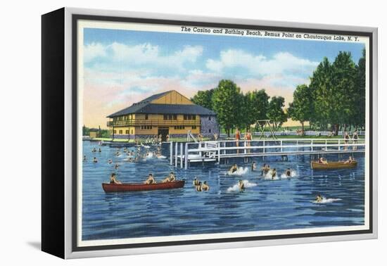 Chautauqua Lake, New York - Bemus Point, View of Casino and Beach-Lantern Press-Framed Stretched Canvas