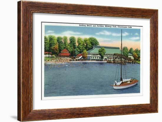 Chautauqua Lake, New York - View of Midway Park Beach and Pavilion-Lantern Press-Framed Art Print