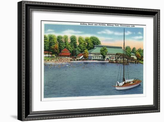 Chautauqua Lake, New York - View of Midway Park Beach and Pavilion-Lantern Press-Framed Art Print