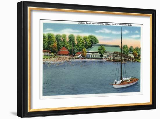 Chautauqua Lake, New York - View of Midway Park Beach and Pavilion-Lantern Press-Framed Art Print