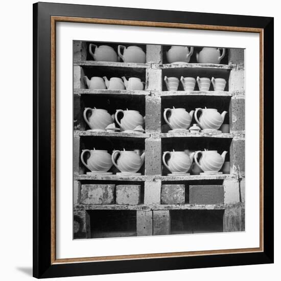Cheap Chinaware Saucers, Cups, Teapots, Etc Standing on Racks in Pottery of the Hall China Co-Walker Evans-Framed Photographic Print