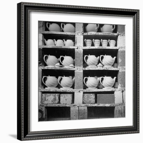 Cheap Chinaware Saucers, Cups, Teapots, Etc Standing on Racks in Pottery of the Hall China Co-Walker Evans-Framed Photographic Print