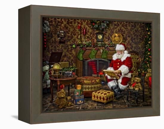 Checking His List by the Fire-Santa’s Workshop-Framed Premier Image Canvas