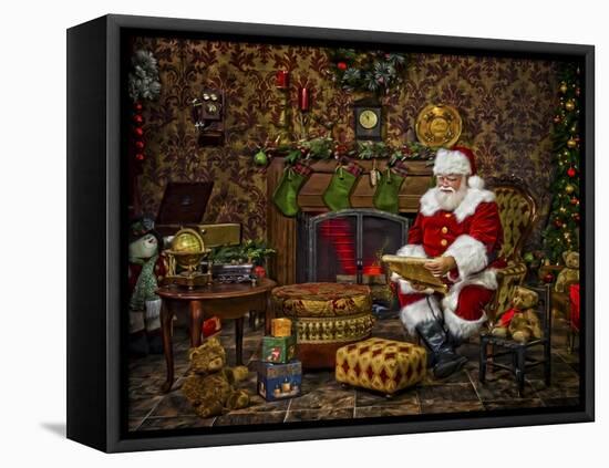 Checking His List by the Fire-Santa’s Workshop-Framed Premier Image Canvas