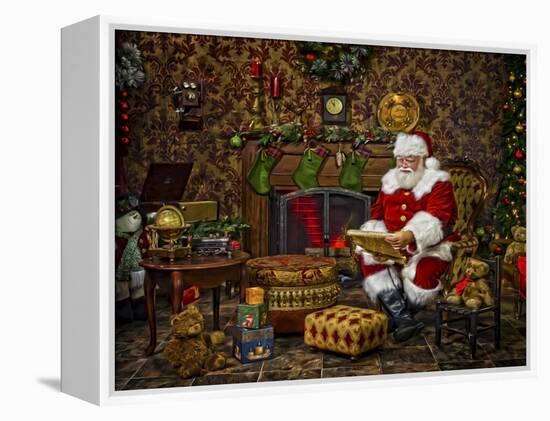 Checking His List by the Fire-Santa’s Workshop-Framed Premier Image Canvas