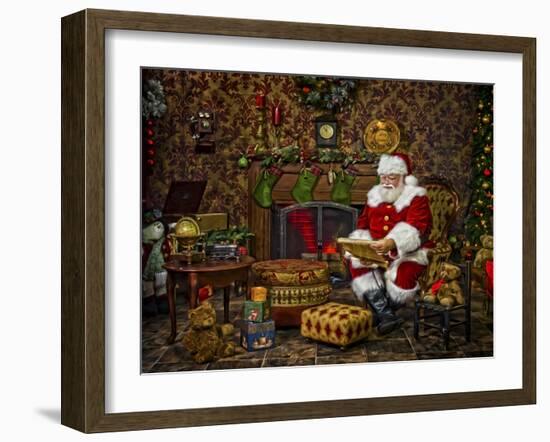 Checking His List by the Fire-Santa’s Workshop-Framed Giclee Print