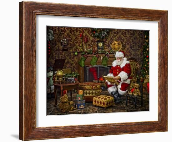 Checking His List by the Fire-Santa’s Workshop-Framed Giclee Print