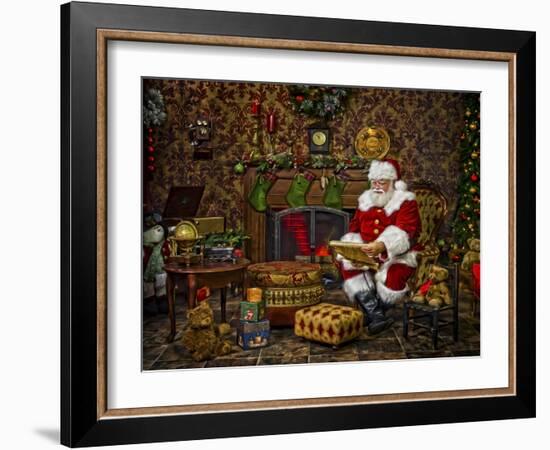 Checking His List by the Fire-Santa’s Workshop-Framed Giclee Print