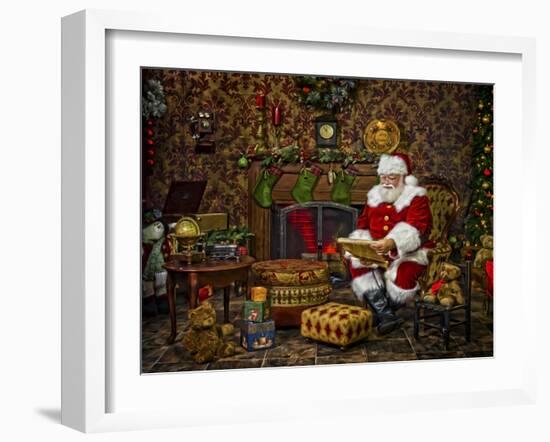 Checking His List by the Fire-Santa’s Workshop-Framed Giclee Print