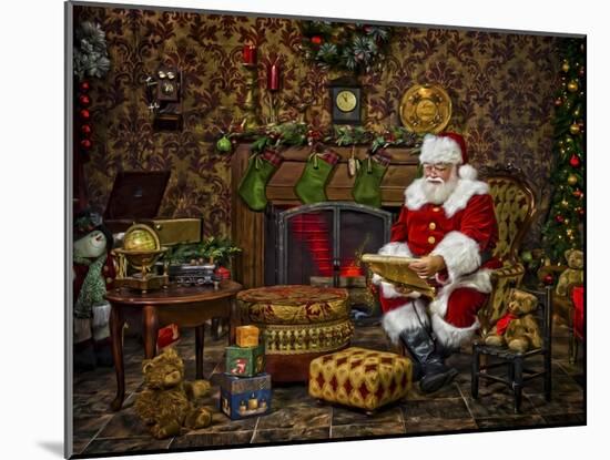 Checking His List by the Fire-Santa’s Workshop-Mounted Giclee Print