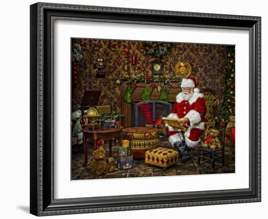 Checking His List by the Fire-Santa’s Workshop-Framed Giclee Print